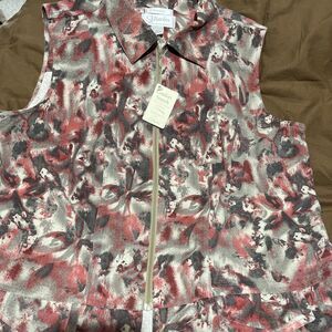 CJ Banks Womens Vest Jacket Zip Front Floral Red Gray Stretch Comfort 1X New!